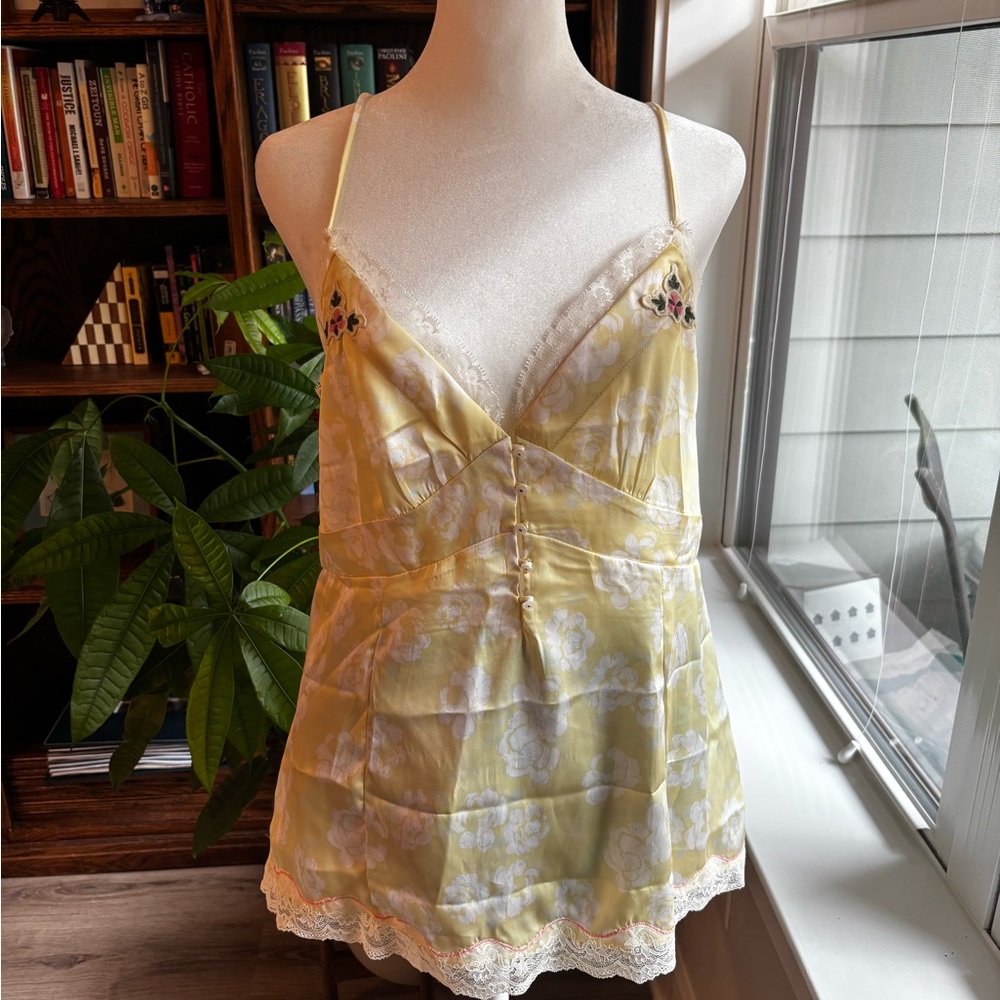 Free People Yellow Floral Lace Trim Tank Top